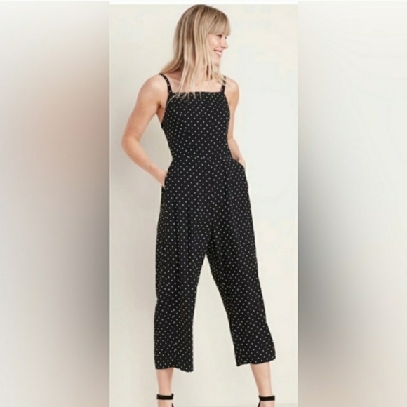 OLD NAVY Square Neck Polka Dot Pantsuit Sz XS Twee Cute Femenine Black White - Picture 1 of 9